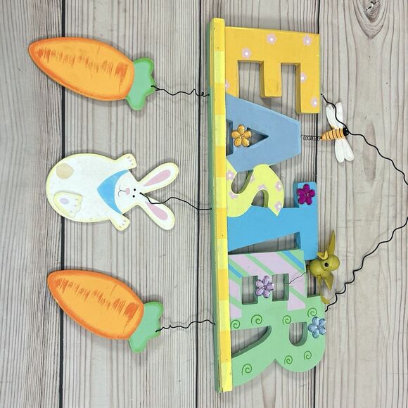 Vintage EASTER Wooden Hanging Sign Decoration Hand Painted Bunny Bird Spring 14” - Picture 3 of 12